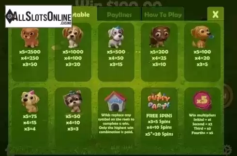 Paytable. Puppy Party from Mobilots