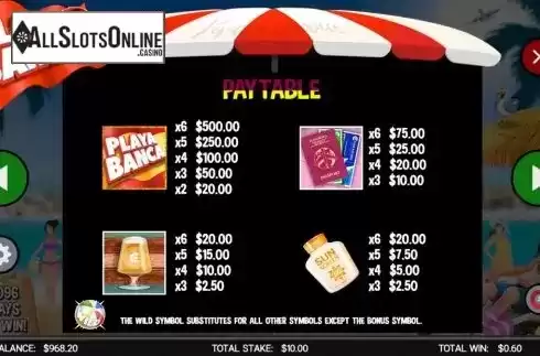 Paytable screen. Playa Banca from CORE Gaming