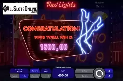 Win Presentation screen. Red Lights from Tom Horn Gaming