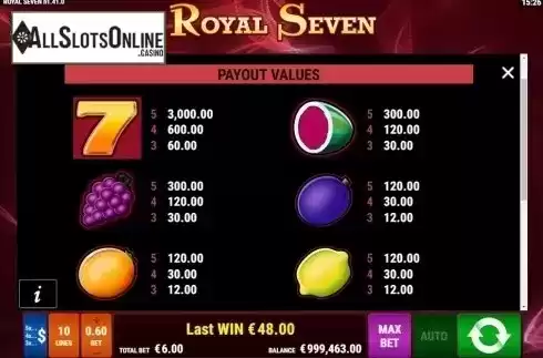 Paytable 1. Royal Seven from Gamomat
