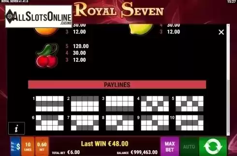 Paytable 2. Royal Seven from Gamomat