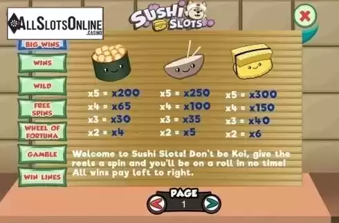 Paytable 1. Sushi Slots from Slot Factory