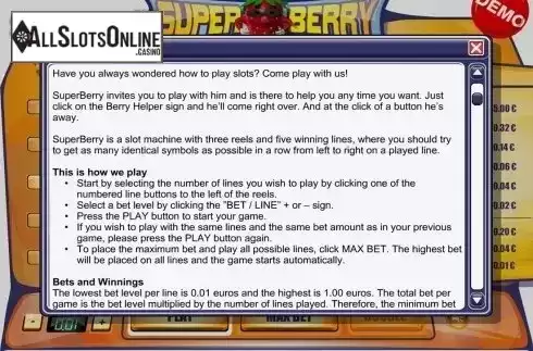Game rules screen 1. Super Berry from PAF