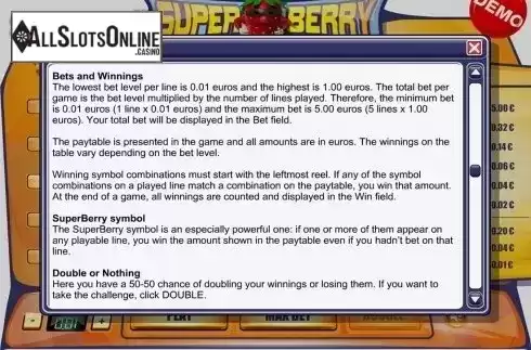 Game rules screen 2. Super Berry from PAF