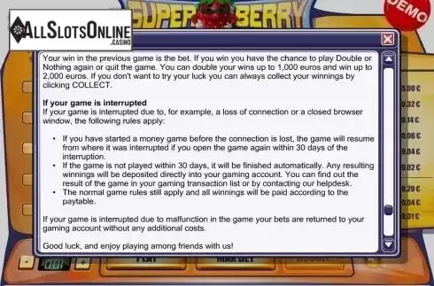Game rules screen 3. Super Berry from PAF