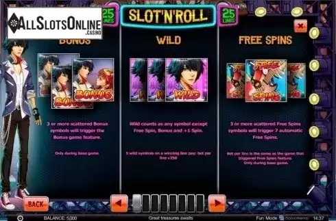 Paytable. Slot 'N' Roll from Spinomenal