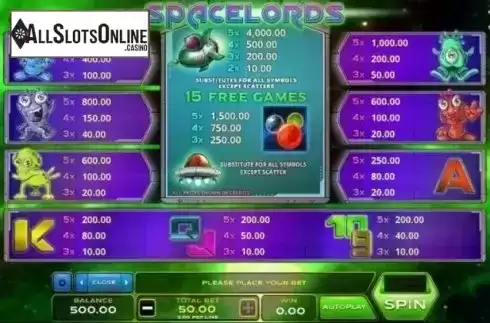 Paytable. Space Lords from Xplosive Slots Group