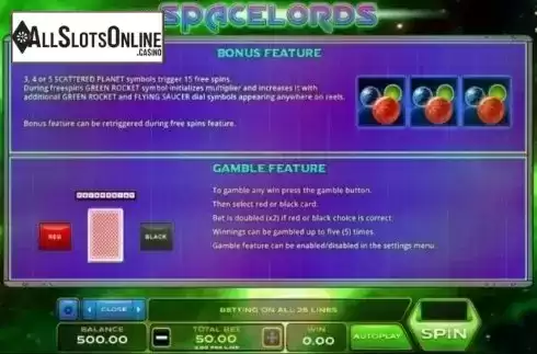 Features. Space Lords from Xplosive Slots Group