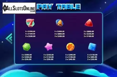 Paytable screen. Space Storm from KA Gaming