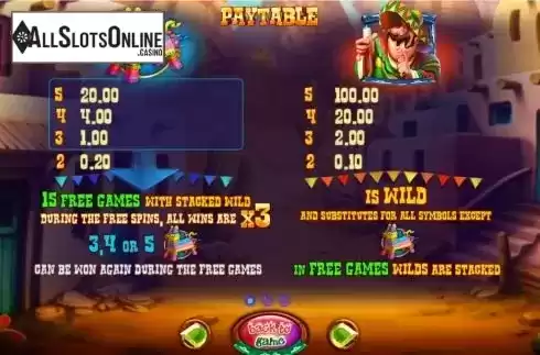 Paytable and Features screen