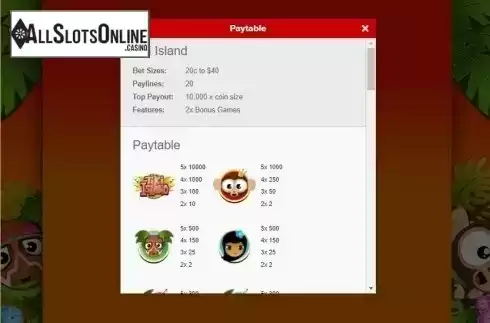 Paytable 1. Tiki Island (Gamesys) from Roxor Gaming