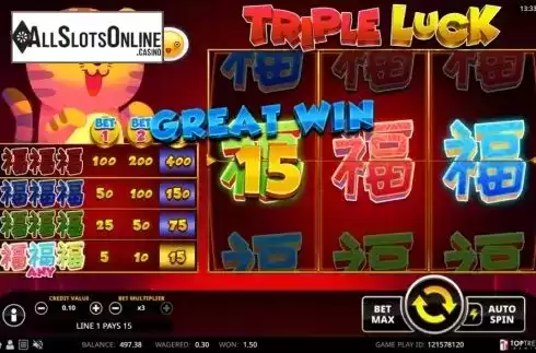Big win screen. Triple Luck from TOP TREND GAMING