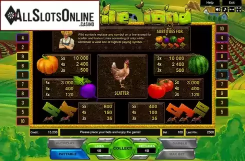 Paytable. Veggie Farm from Platin Gaming