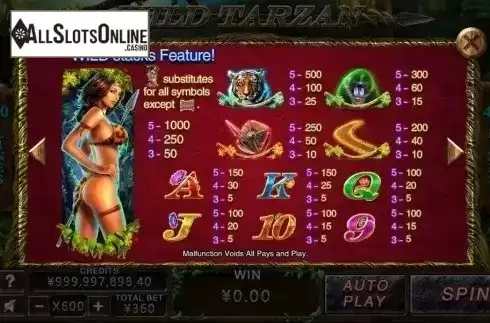 Paytable. Wild Tarzan from CQ9Gaming