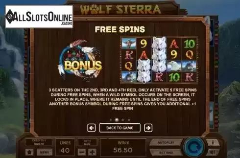 Features screen. Wolf Sierra from Tom Horn Gaming