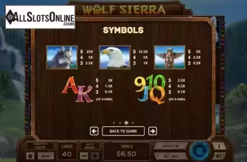 Paytable screen. Wolf Sierra from Tom Horn Gaming