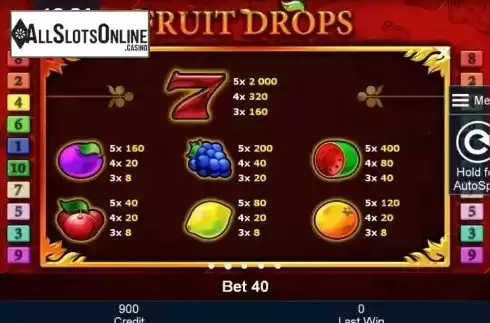 Paytable 2. Fruit Drops from Greentube