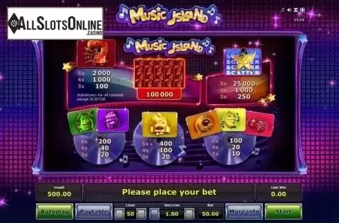 Paytable 1. Music Island from Greentube