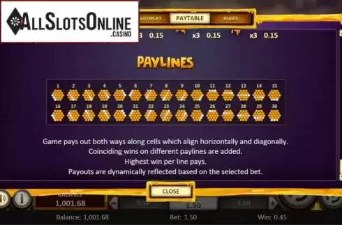 Paylines screen. Mystic Hive from Betsoft
