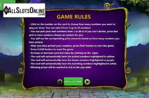 Game Rules Screen. Magical Keno from Caleta Gaming