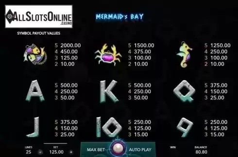 Paytable. Mermaid's Bay from Mascot Gaming