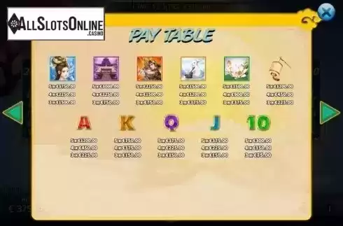 Paytable. Moon Goddess from KA Gaming