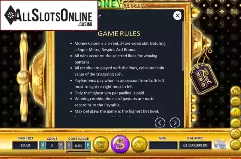 Game rules screen 1. Money Galore from ReelNRG