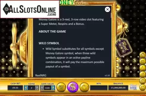 Game rules screen 2. Money Galore from ReelNRG