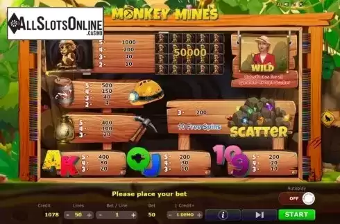 Paytable. Monkey Mines from Five Men Games