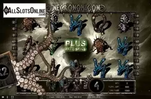 Free Spins screen. Necronomicon from Thunderspin