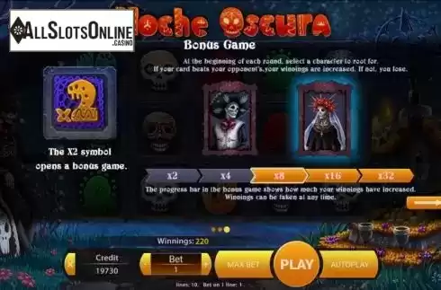 Bonus game screen. Noche Oscura from Mancala Gaming