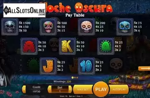 Paytable screen. Noche Oscura from Mancala Gaming