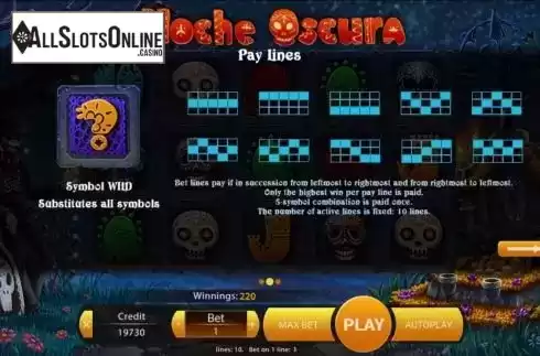 Paylines screen. Noche Oscura from Mancala Gaming