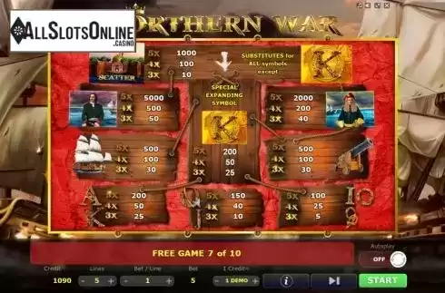 Paytable screen. Northern War from Five Men Games