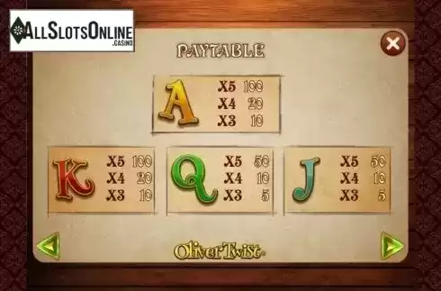 Paytable 2. Oliver Twist from Endemol Games