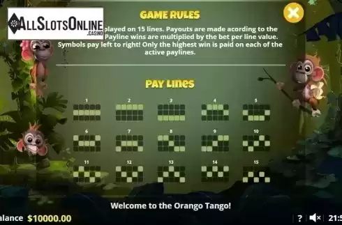 Paytable 4. Orango Tango from Lady Luck Games
