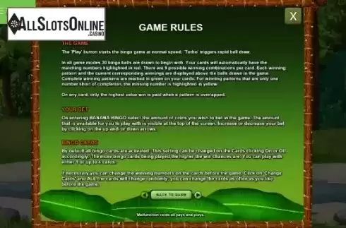 Rules Screen. Banana Bingo from Caleta Gaming