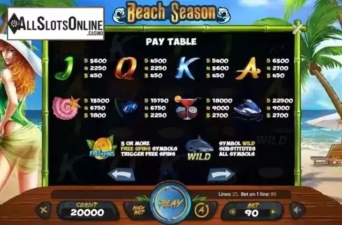Paytable . Beach Season from X Card