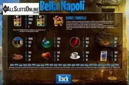 Paytable. Bella Napoli from Capecod Gaming