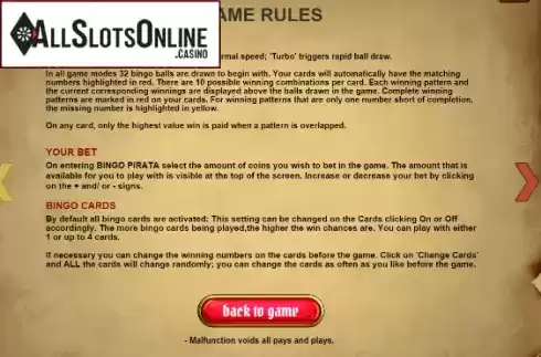 Rules Screen. Bingo Pirata from Caleta Gaming