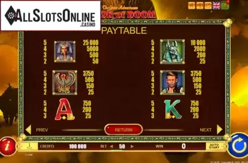 Paytable screen 1. Book of Doom from Belatra Games
