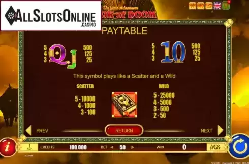 Paytable screen 2. Book of Doom from Belatra Games