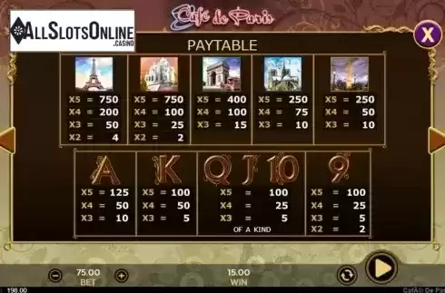 Paytable 1. Cafe de Paris (888 Gaming) from 888 Gaming