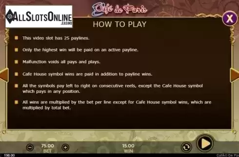 Paytable 4. Cafe de Paris (888 Gaming) from 888 Gaming