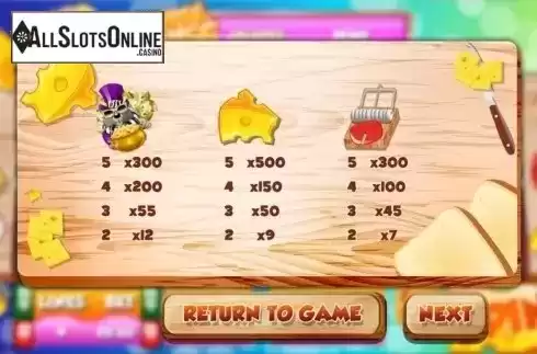 Paytable 1. Cheese Chase from Slot Factory