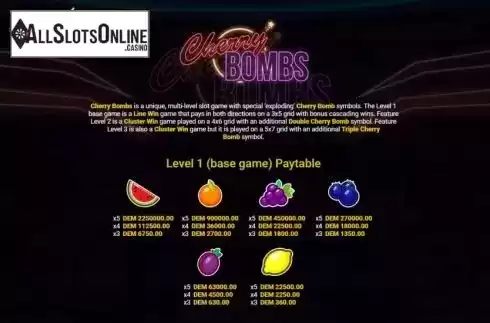 Paytable Base game screen
