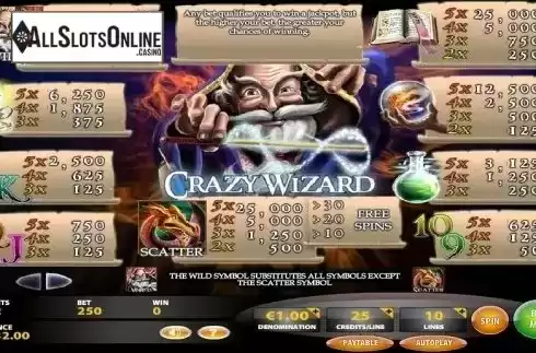 Paytable. Crazy Wizard from IGT