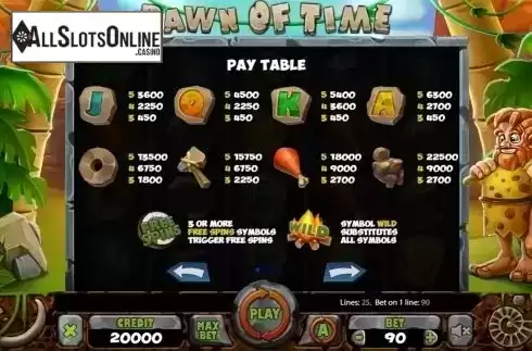 Paytable . Dawn of Time from X Card