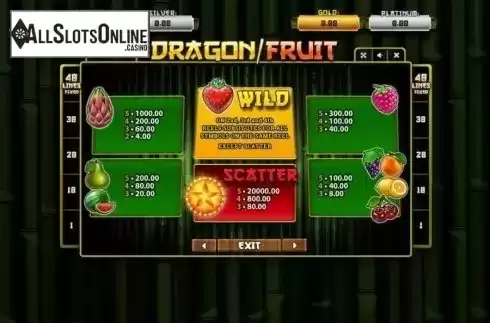Paytable. Dragon Fruit from Betsense