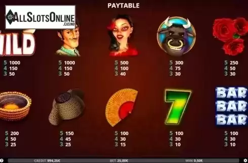 Paytable. El Mata Toro from Capecod Gaming